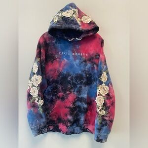 Civil Regime Tie Dye Burgundy Navy Floral Embroidered Sleeves Hoodie—Medium